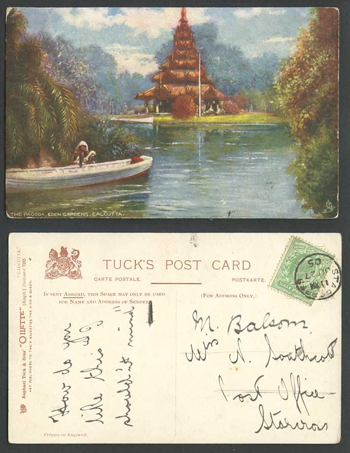India 1905 Old Tuck's Oilette Postcard Burmese Pagoda Eden Gardens Calcutta Boat