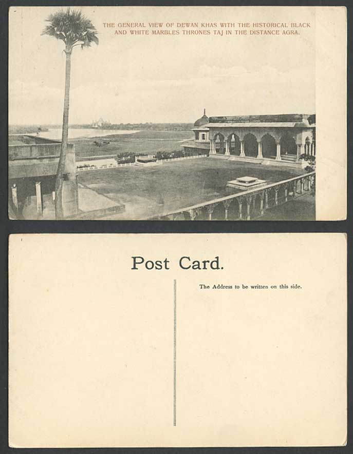 India Old Postcard Dewan Khas Marble Throne Taj Mahal in Distance Agra Palm Tree