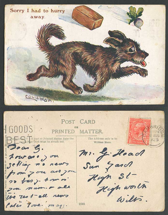 LOUIS WAIN Artist Signed Dog Puppy, Sorry I Had to Hurry Away. 1925 Old Postcard