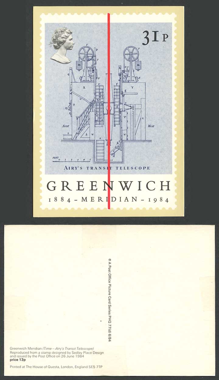 PHQ Card Greenwich Meridian 1984 Time Airy's Transit Telescope QEII 31p Postcard