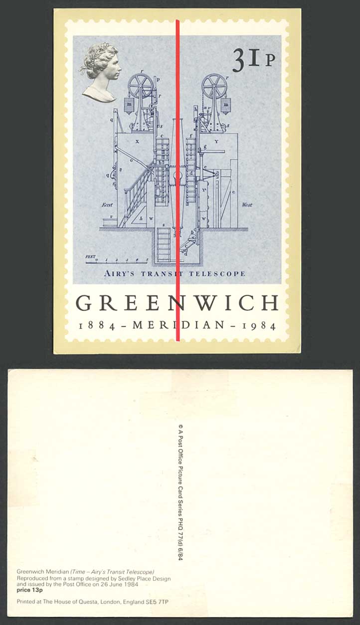 PHQ Card Greenwich 1884 Meridian 1984 Airy's Transit Telescope QE2. 31p Postcard