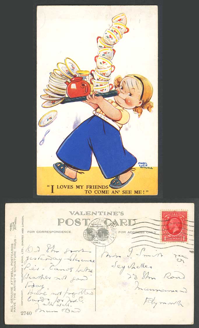 MABEL LUCIE ATTWELL 1936 Old Postcard I Love My Friends Come An See Me Cups 2740