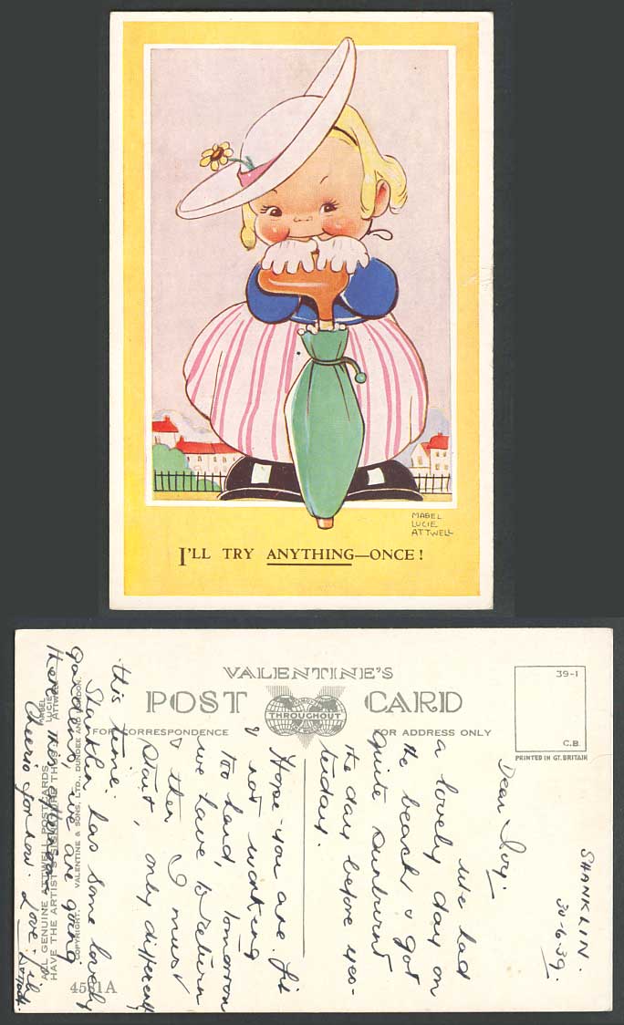MABEL LUCIE ATTWELL 1939 Old Postcard I'll Try Anything Once Girl Umbrella 4581A