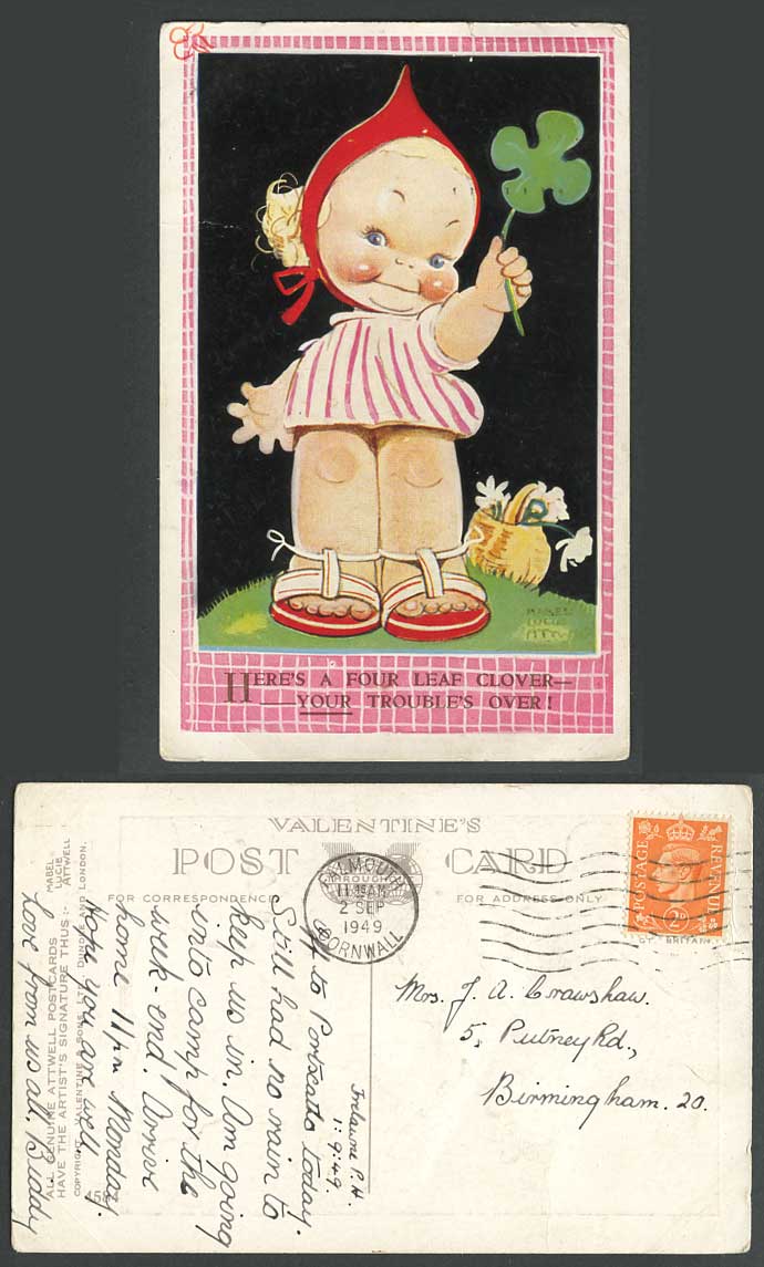 MABEL LUCIE ATTWELL 1949 Old Postcard Here's a 4 Leaf Clover Trouble's Over 4584
