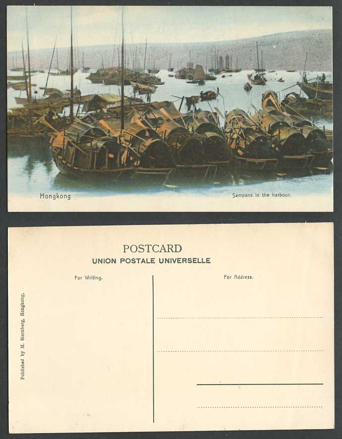 Hong Kong China Old Postcard Sampans in Harbour Native Boats Shipping Junks Port