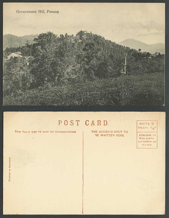 Penang Old Postcard Government Hill, Mountains Hills, Malaya Straits Settlements
