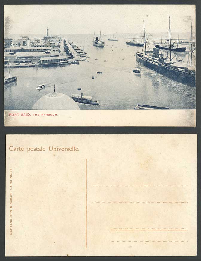 Egypt Old Postcard Port Said The Harbour Lighthouse Steamers Ships Boats Quay 96