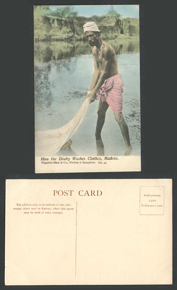 India Old Hand Tinted Postcard Madras, How The Dhoby Washes Clothes Dobie Dhobie