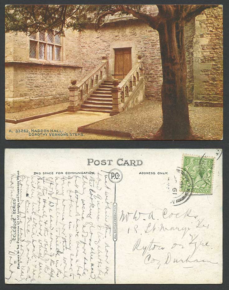 Haddon Hall Dorothy Vernon's Steps Tree Derbyshire Old Color Postcard Photochrom