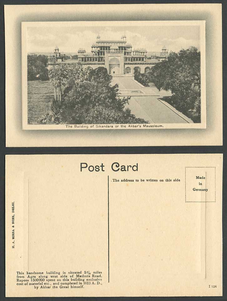 India Old Embossed Postcard Building of Sikandara or Akbar's Mausoleum Tomb Agra