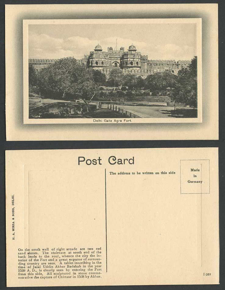 India Old Embossed Postcard Delhi Gate, Fort Agra, by Akber's Reign in 1599 A.D.