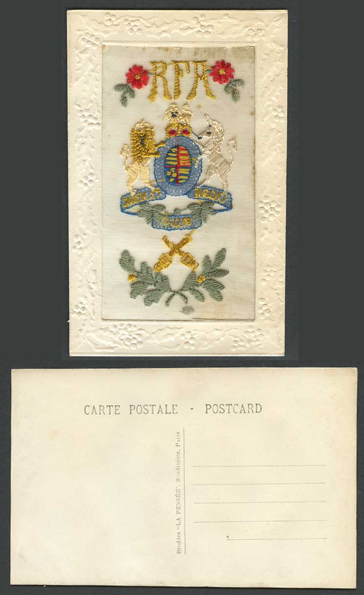 WW1 SILK Embroidered Old Postcard RFA Royal Field Artillery Coat of Arms Flowers