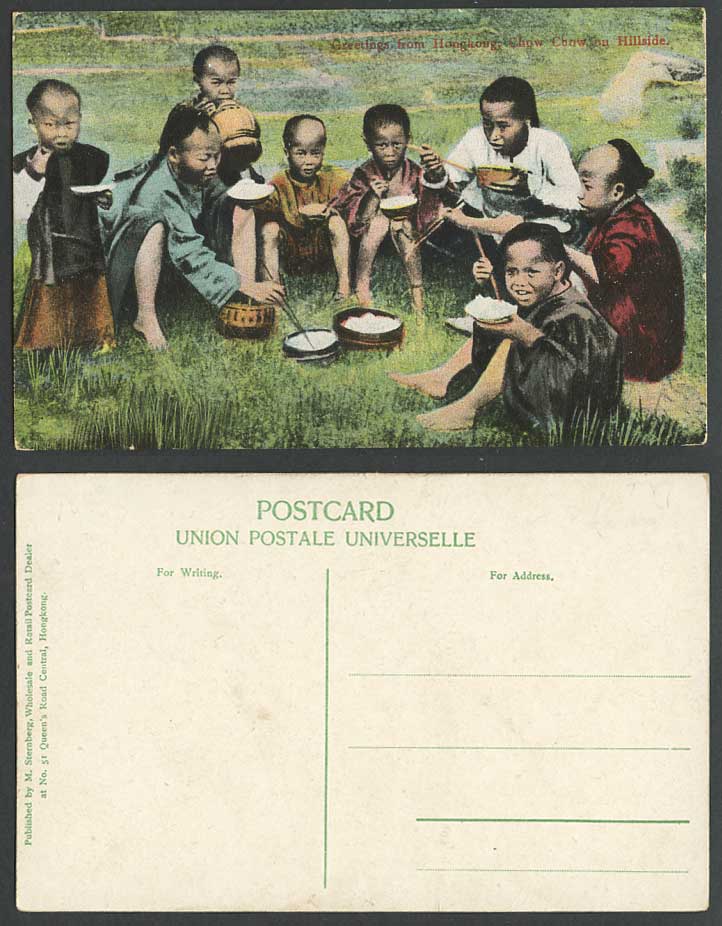 Hong Kong Greetings from Old Colour Postcard Chow Chow on Hillside, Chinese Boys