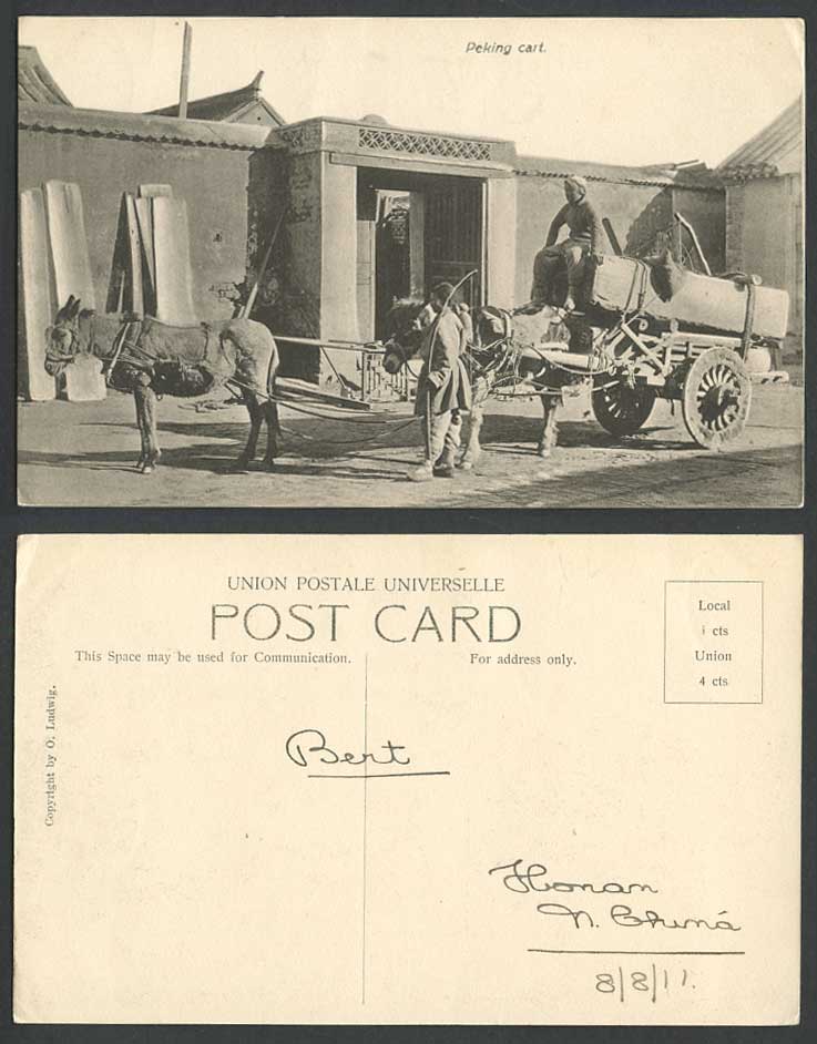 China 1911 Old Postcard PEKING CART Chinaman Bow Archery Donkey or Mule Entrance