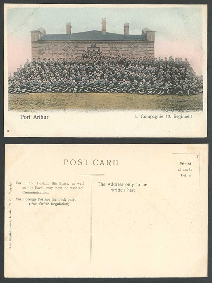 China Old Hand Tinted Postcard 1 CAMPAGNIE 10 REGIMENT Port Arthur Soldiers No.8