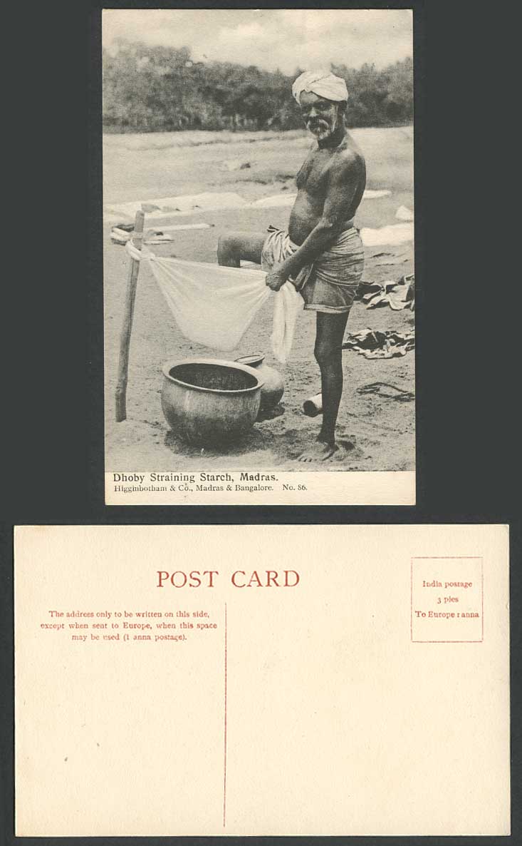 India Old Postcard Dhoby Straining Starch Madras, Native Dhobie Dhobie & Vessels