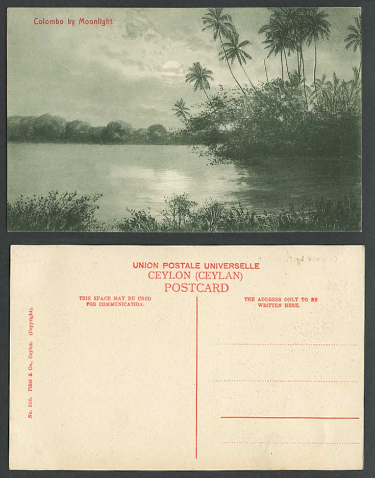 Ceylon Old Postcard Colombo by Moonlight Moon Night Palm Trees Panorama Lake 350