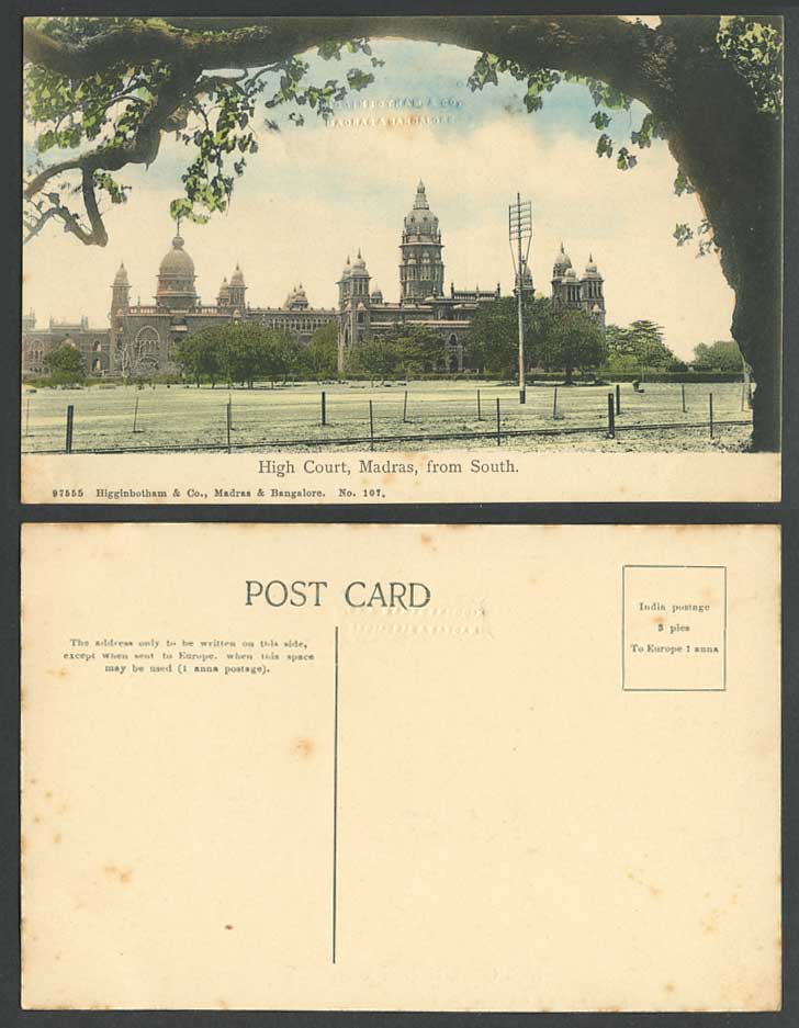 India Old Hand Tinted Postcard High Court Madras, from South, Law Courts Justice