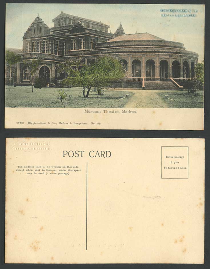 India Old Hand Tinted Postcard Museum Theatre Madras Building Steps Higginbotham