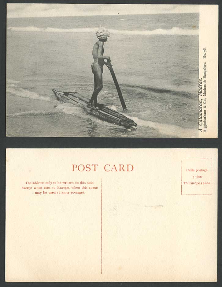 India Old Postcard A Catamaran Madras Native Man on Multi-hulled Boat Raft No.76