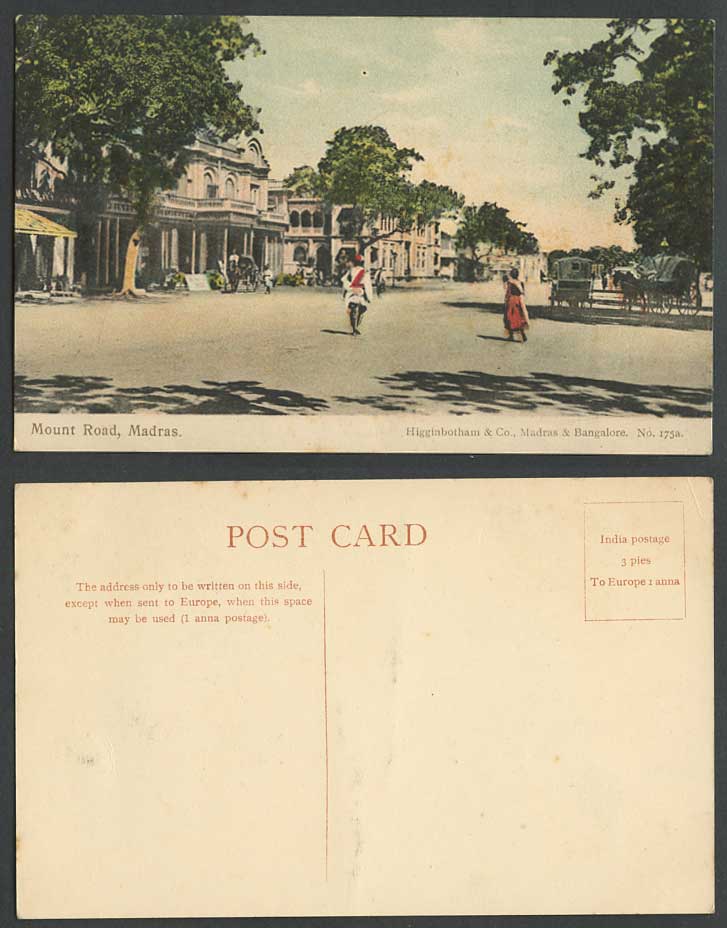 India Old Hand Tinted Postcard Mount Road Madras Street Scene Horse Carts Wagons