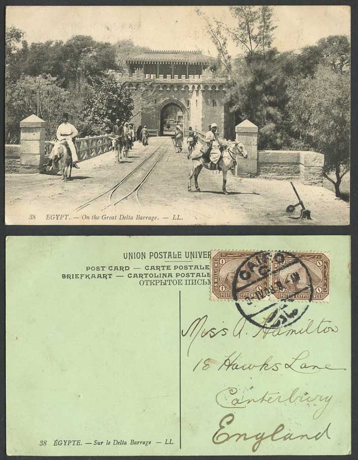Egypt 1908 Old Postcard On Great Delta Barrage Gate Street Donkey Riders L.L. 38