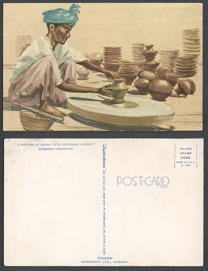 Pakistan Old ART Postcard Karachi A Potter at Work Empress Market Wheel Throwing