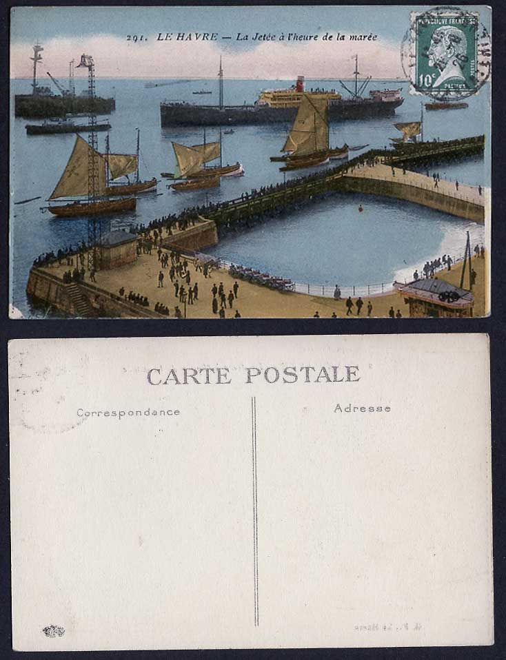 France LE HAVRE 1926 Old Hand Tinted Postcard Pier at Tidal Time Jetty Boat Ship
