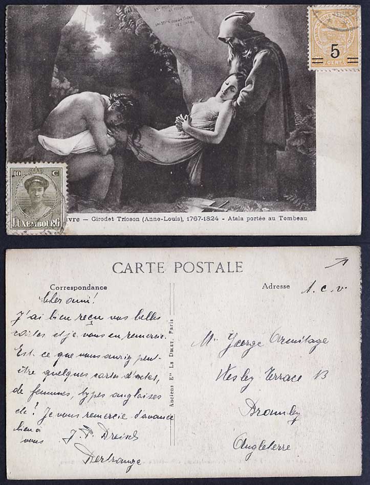Luxembourg 10c Old Postcard Girodet Trioson Anne-Louis Atala Portee au Tombeau