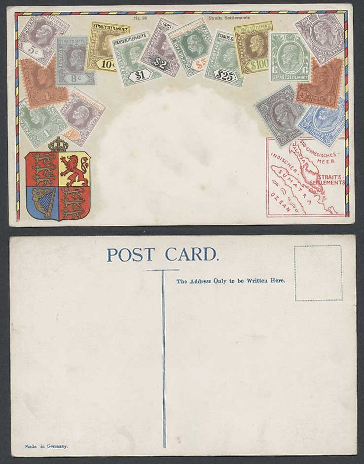 Straits Settlements Map Coat of Arms Vintage KE7. Stamps Stamp Card Old Postcard