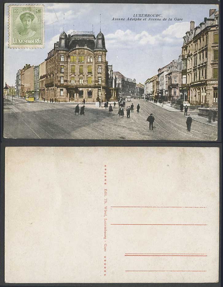 Luxembourg 10c Old Postcard Avenue Adolphe & de la Gare Station TRAM Hotel Staar