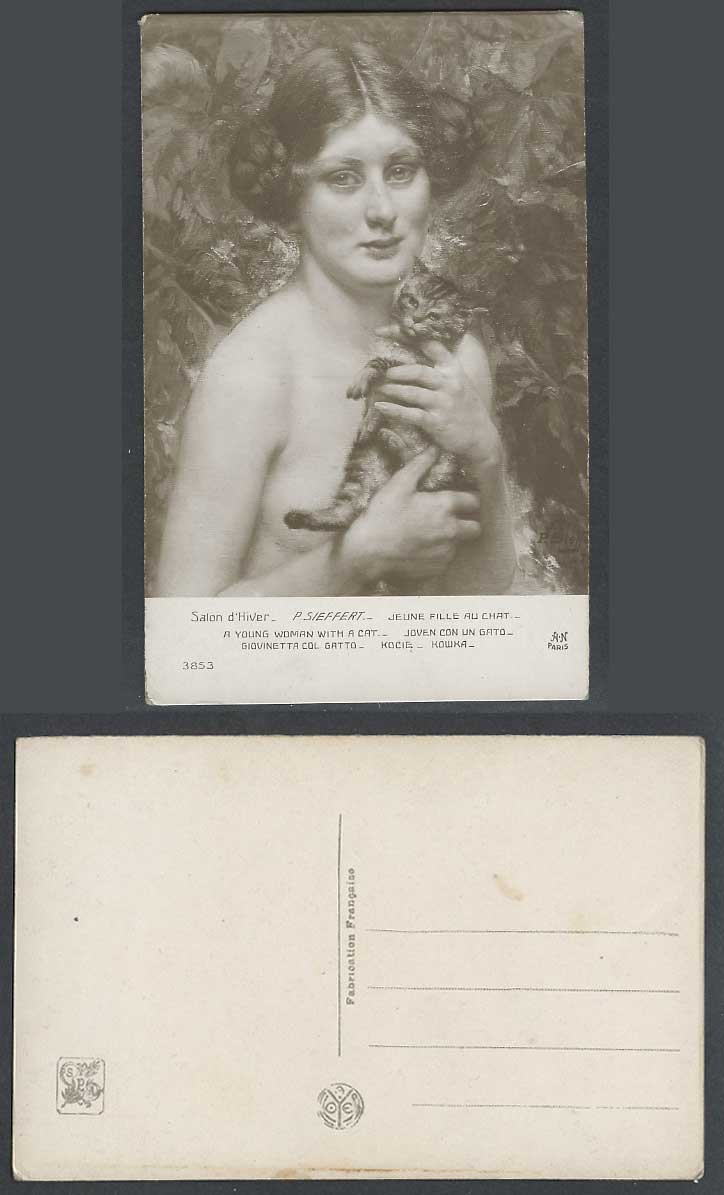 P. Sieffert Young Woman with a Cat Kitten Art Artist Drawn Old Postcard