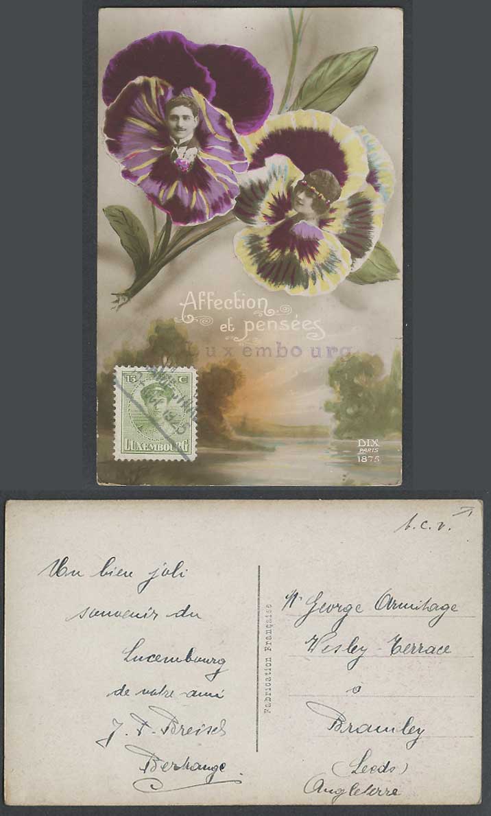 Luxembourg 13c 1925 Old R.P. Postcard Affection et Pensees Pansy Flowers Pansies