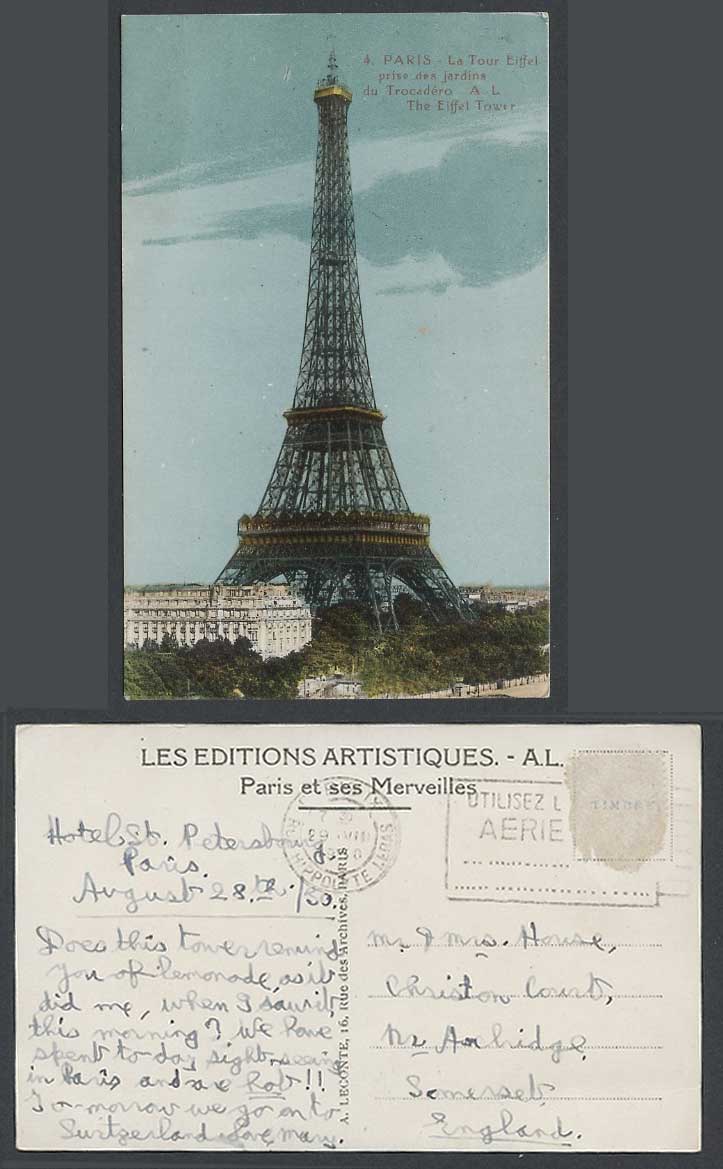 France, Paris, Tour Eiffel Tower from Trocadero Gardens 1930 Old Colour Postcard