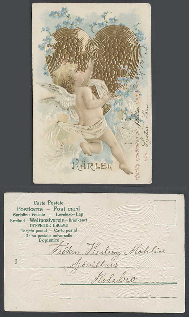 Angel Wings Heart Sweden 1909 Old UB Postcard Hearty Congratulations on The Day