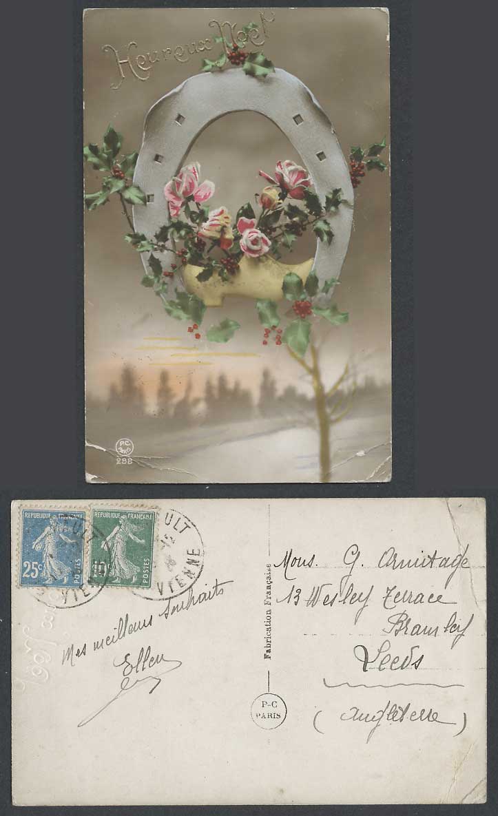 Horseshoe, Rose Flowers in Yellow Shoe Old Postcard Happy Christmas Heureux Noel