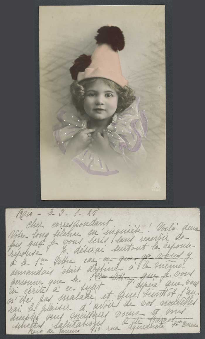 Children Cute Little Girl wearing Hat 1925 Old Hand-Coloured Real Photo Postcard