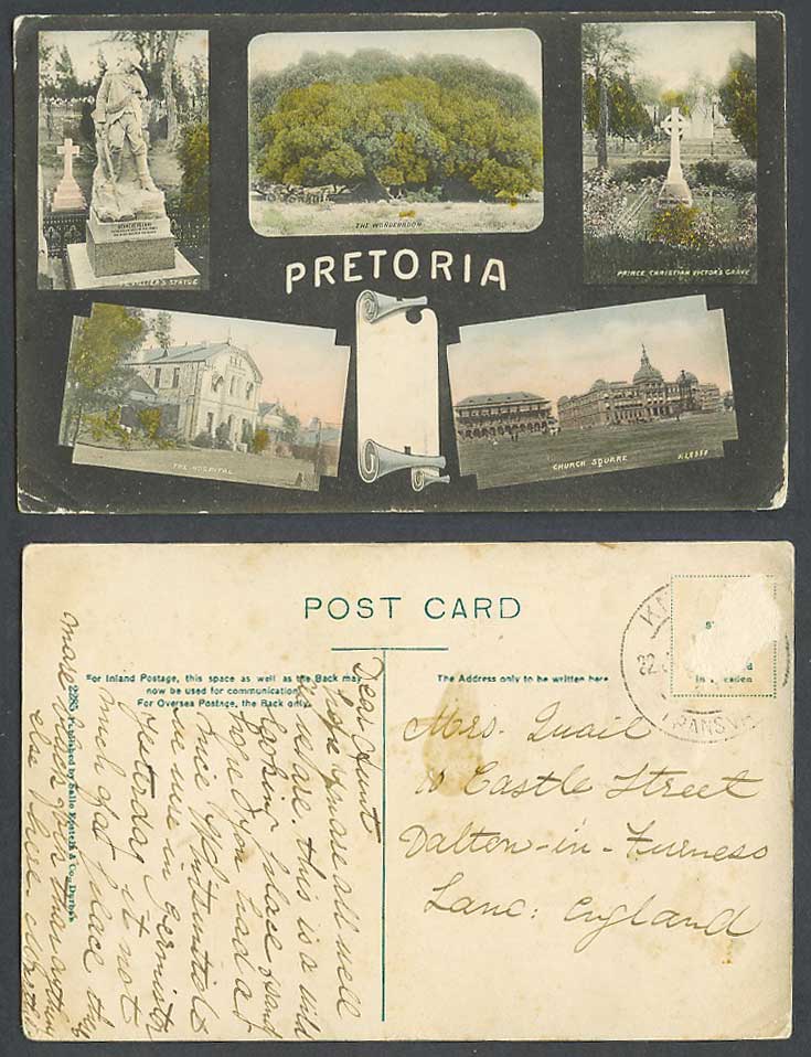 South Africa Pretoria Old Hand Tinted Postcard Hospital Wonderboom Church Square