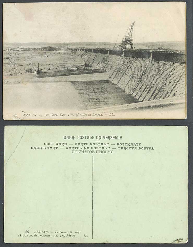 Egypt Old Postcard ASSUAN Great Dam 1 1/4 Miles in Length Assouan Barrage L.L.25