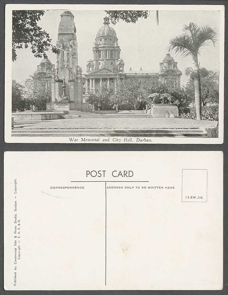 South Africa Old Postcard Durban War Memorial and City Hall Monument Lion Statue