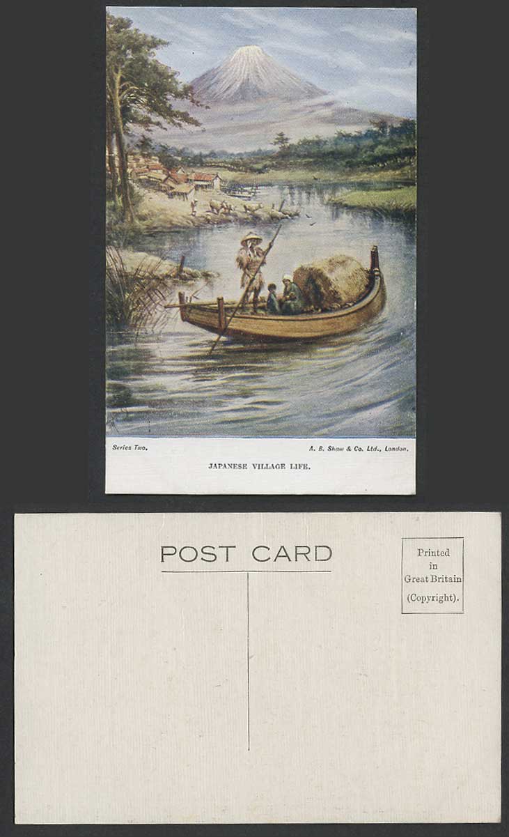 E.S. Hardy Artist Signed, Japan Old Postcard Mt. Fuji Japanese Village Life Boat
