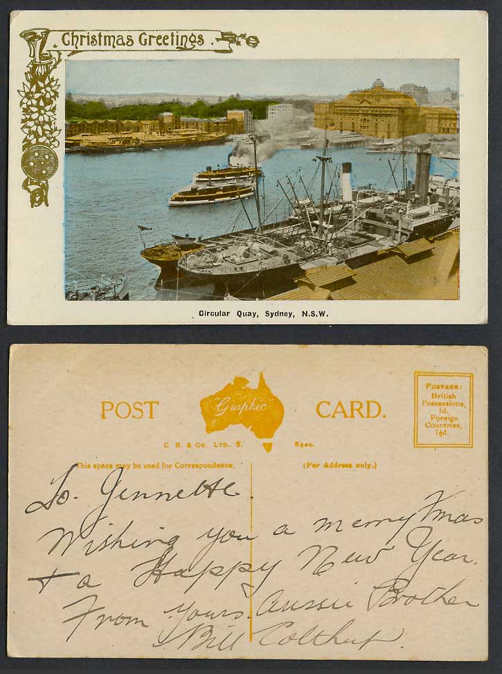 Australia Old Postcard CIRCULAR QUAY Sydney NSW Steamer Steam Ships Harbour Xmas