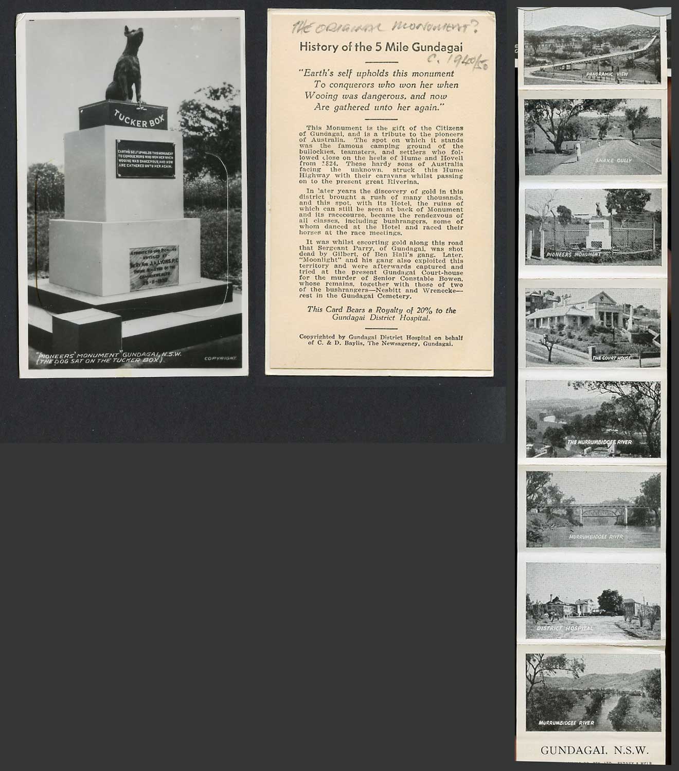 Australia Old RP Postcard Gundagai Dog Tucker Box Pioneers Monument NSW Pull-Out