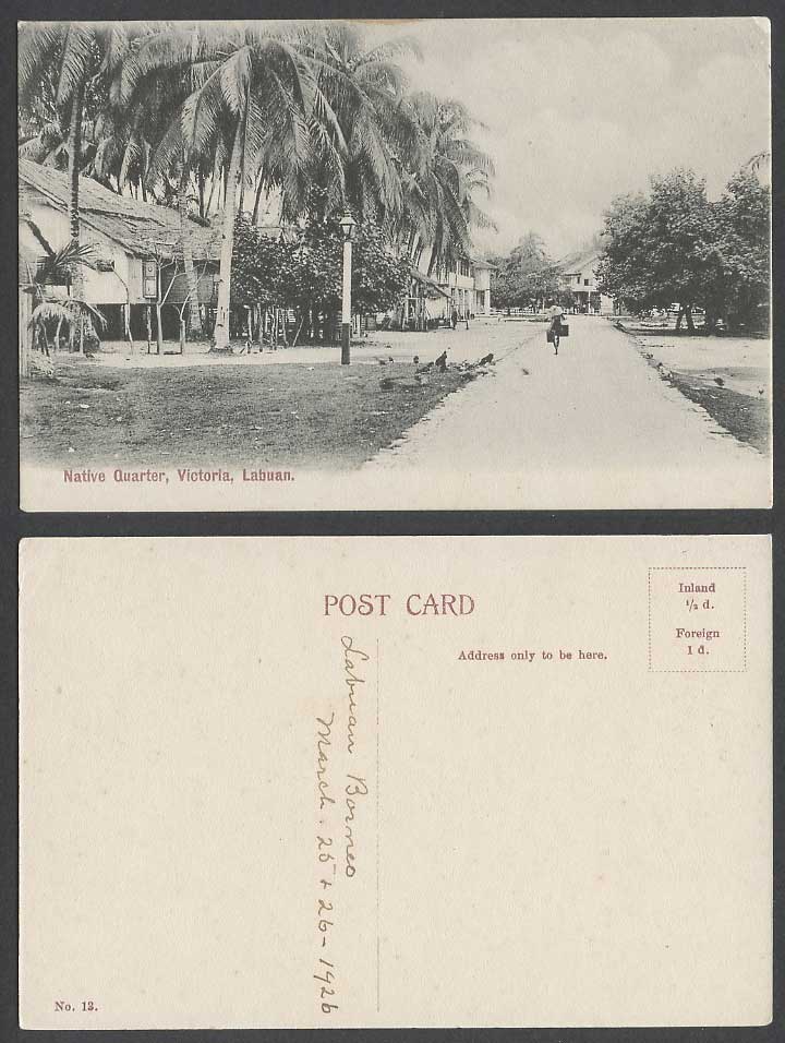 LABUAN Brunei Victoria Native Quarter Street Palm Chicken Bird 1926 Old Postcard