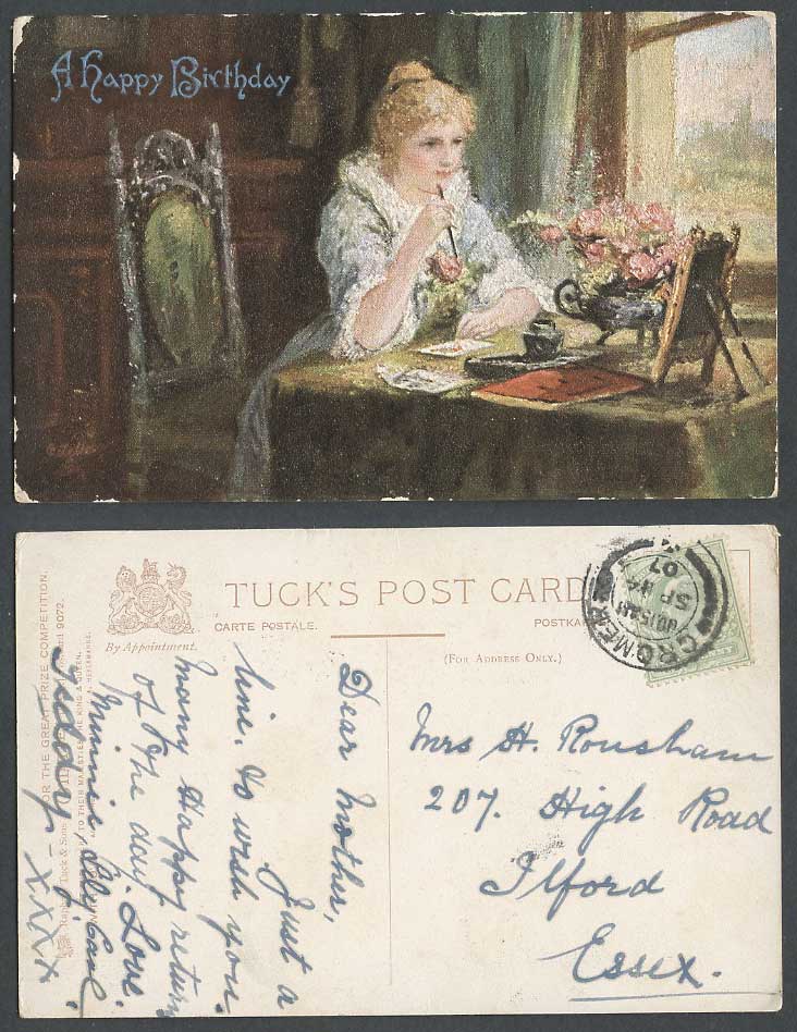 Tuck's Oilette Great Prize Competition, Woman A Happy Birthday 1907 Old Postcard