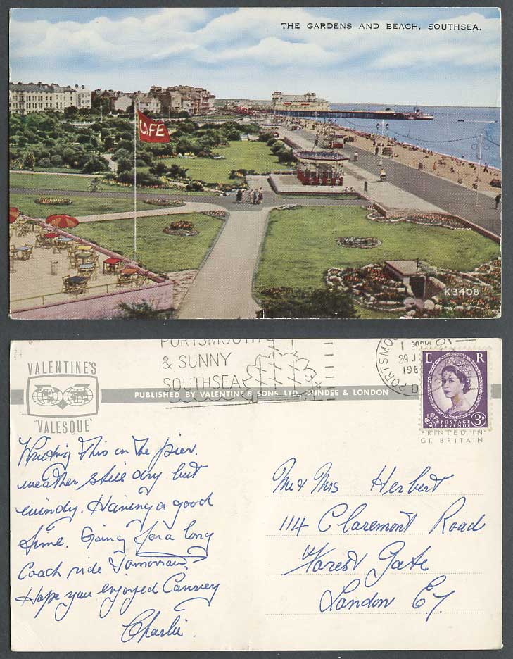 Southsea Garden and Beach Flag Pier Promenade 1960 Old Colour Postcard Hampshire