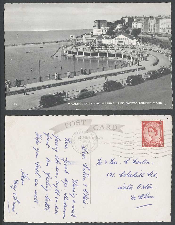 Weston-Super-Mare 1951 Old Postcard Madeira Cove, Marine Lake, Street Scene Cars
