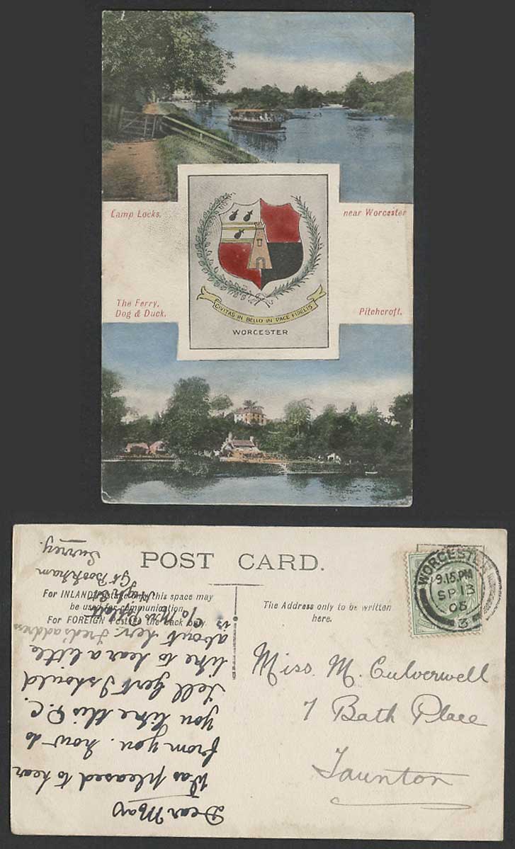 Worcester Coat of Arms 1905 Old Postcard Camp Locks, Ferry Dog & Duck Pitchcroft