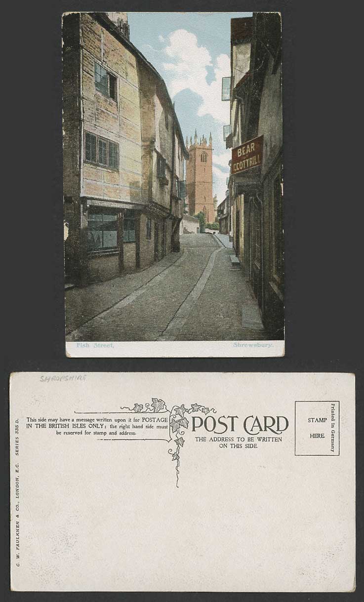 Shrewsbury Old Colour Postcard Fish Street Scene Bear Cottrill Church Cathedral