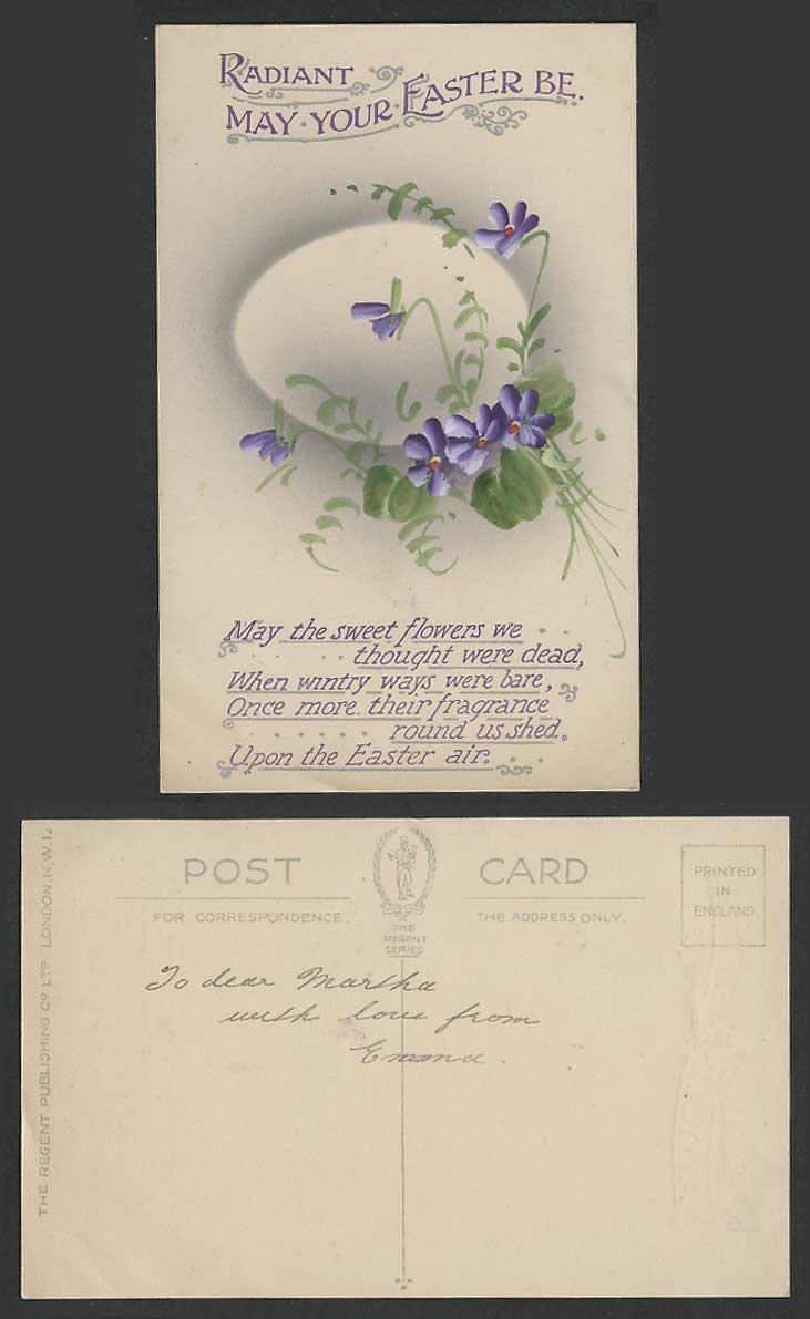 Egg & Flowers, Radiant May Your Easter Be, Greetings, Artist Drawn Old Postcard